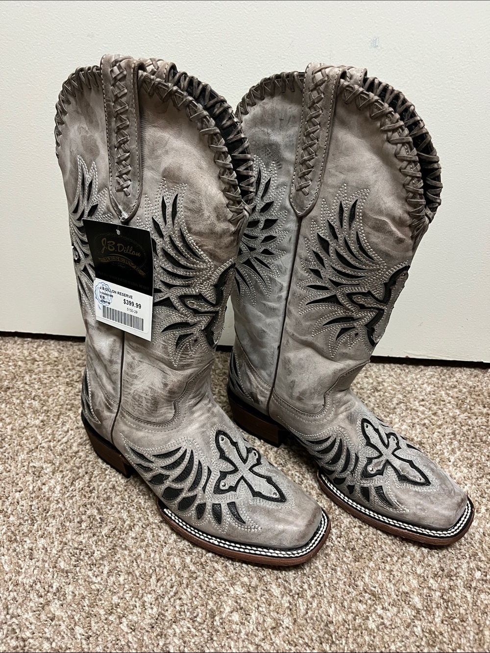NWT J.B. Dillon Reserve Gray Leather Western Cowgirl Boots Cross Detail 9B - Picture 4 of 8